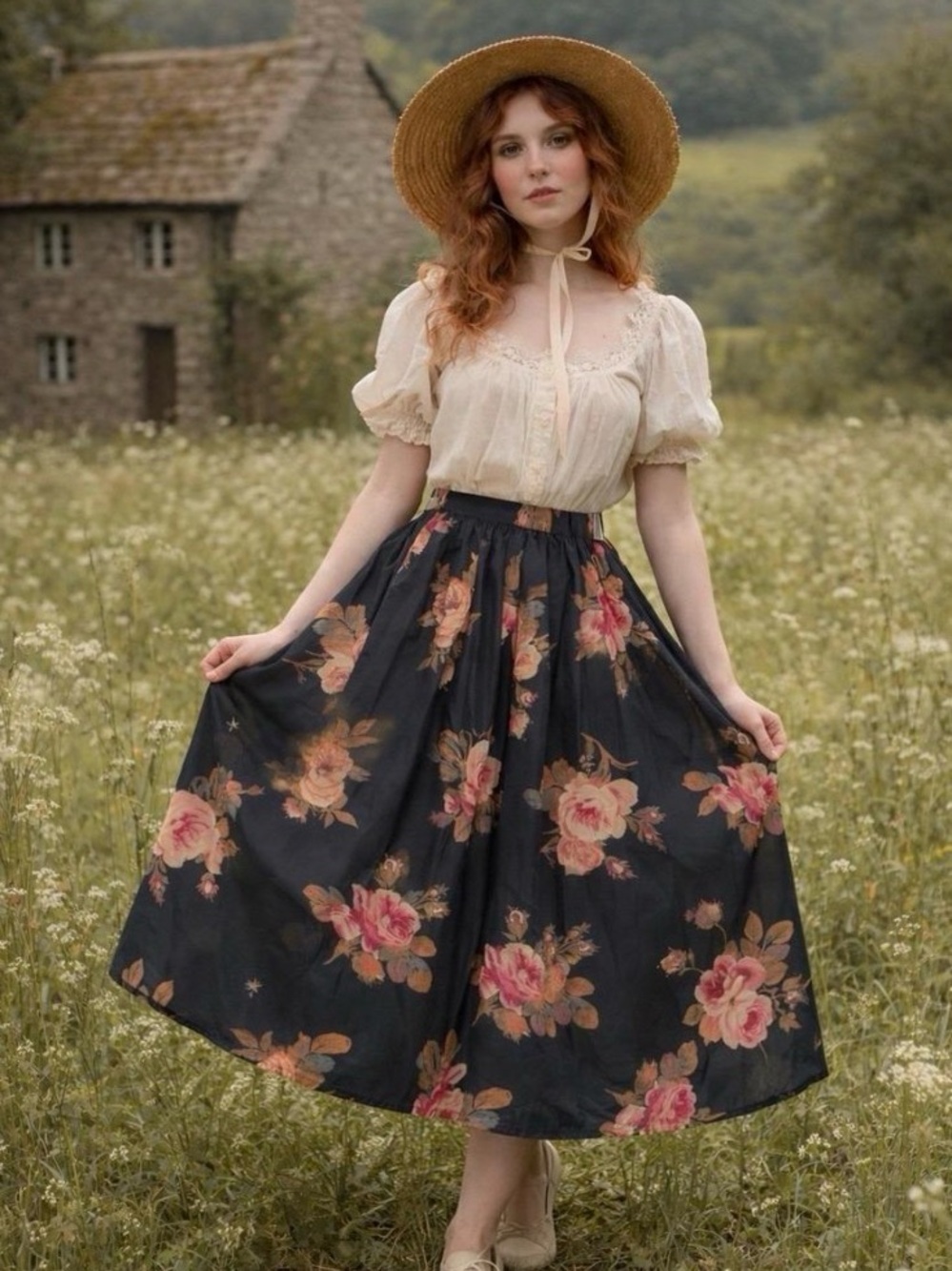 Laura Ashley Black Midi Skirt with Pink Rose Floral Print- cottagecore- vintage